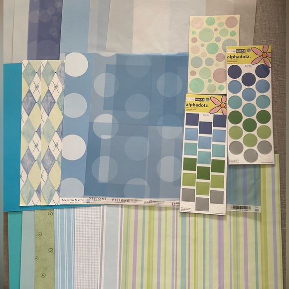 Scrapbook sheets & stickers in blues, greens, purple & velum. 12”x12” Acid free. - Picture 2 of 5